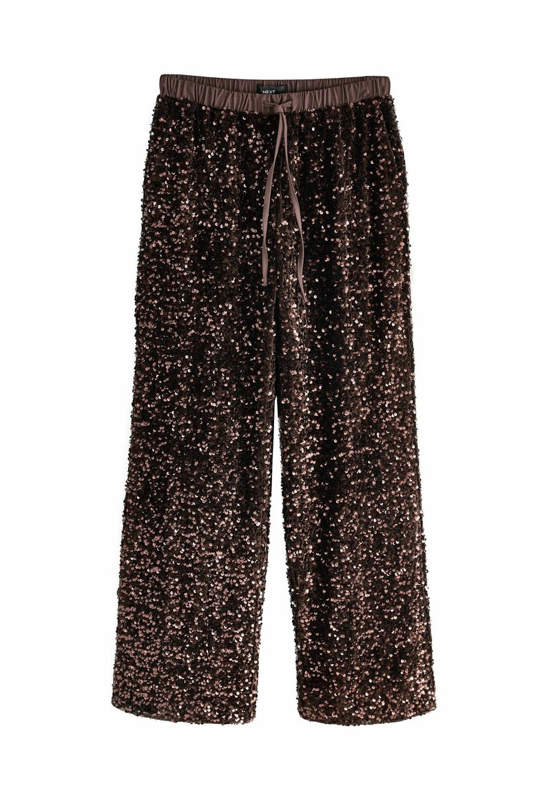 Browni plati bikses, pārklātas ar spīdošām sekvīnām, ar elastīgu jostu un auklu. Gluda tekstūra un spīdīga, atstarojoša virsma.