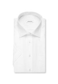 Weißes, gefaltetes Herrenhemd mit spitzem Kragen, durchgehenden Knöpfen, kurzen Ärmeln und einer Brusttasche.