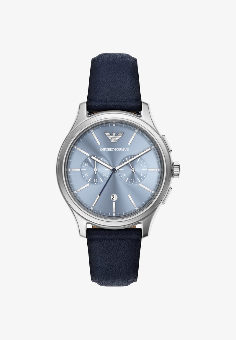 Montre pour hommes avec boîtier en acier inoxydable, cadran bleu clair, accents argentés et bracelet en cuir noir. Dispose de sous-cadrans chronographes et d'un affichage de la date.