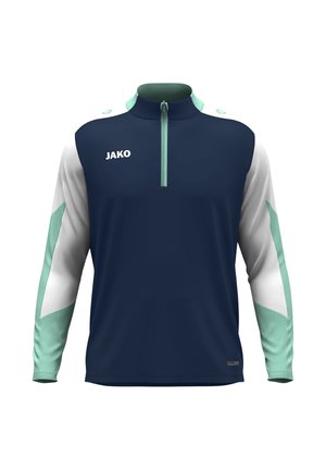 Chemise de sport bleu marine avec des accents blancs et vert menthe, col haut, fermeture à quart éclair à l'avant et logo "JAKO" sur la poitrine.