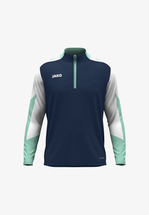 Marineblaue Sportshirt mit weißen und mintgrünen Akzenten, hohem Kragen, Viertelreißverschluss vorne und "JAKO"-Logo auf der Brust.