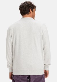 Světle šedá mikina s žebrovaným límcem a manžetami, vyrobená z měkké, strukturované tkaniny, s volným střihem a rovným lemem.