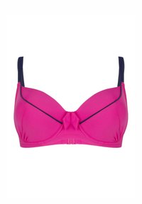 Różowy biustonosz bikini o usztywnionej konstrukcji, z kokardą na środku i granatowymi ramiączkami. Gładka tekstura i profilowane miseczki.