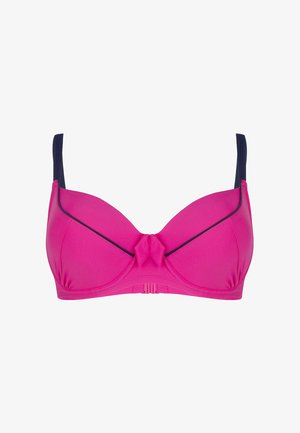 Różowy biustonosz bikini o usztywnionej konstrukcji, z kokardą na środku i granatowymi ramiączkami. Gładka tekstura i profilowane miseczki.