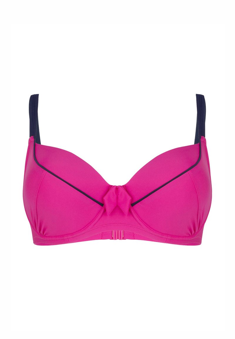 Różowy biustonosz bikini o usztywnionej konstrukcji, z kokardą na środku i granatowymi ramiączkami. Gładka tekstura i profilowane miseczki.