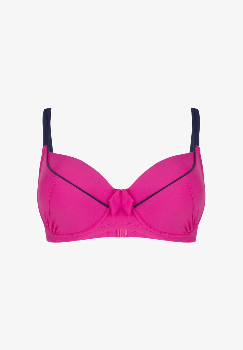 Różowy biustonosz bikini o usztywnionej konstrukcji, z kokardą na środku i granatowymi ramiączkami. Gładka tekstura i profilowane miseczki.
