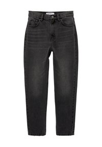 Jean noir taille haute, coupe slim, avec poches avant et arrière, fermeture par bouton, et détails subtils délavés.