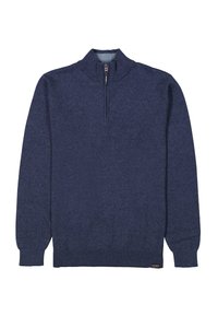 Marineblauwe pullover trui met een hoge kraag en halve rits. Heeft lange mouwen en een gestructureerd breipatroon. Labels aan de zoom.