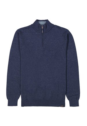 Marineblauwe pullover trui met een hoge kraag en halve rits. Heeft lange mouwen en een gestructureerd breipatroon. Labels aan de zoom.