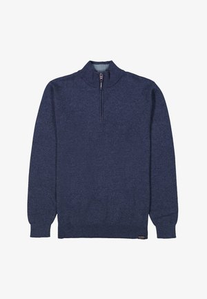 Pull bleu marine à col montant et fermeture zippée à mi-hauteur. Possède des manches longues et un motif tricoté texturé. Étiquettes au niveau de l'ourlet.