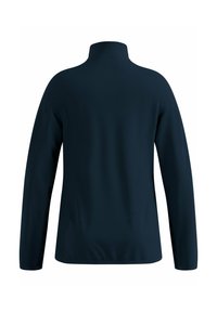 Dunkelblaues langärmliges Rollkragensweatshirt, von hinten gezeigt, mit einem glatten, taillierten Design ohne sichtbare Muster oder Logos.