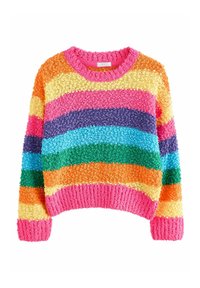 Flerfärgad tröja med struktur och fluffigt stickat. Har horisontella ränder i rosa, orange, gult, grönt, blått och lila. Rund halsringning.