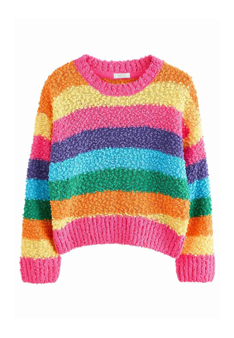 Flerfärgad tröja med struktur och fluffigt stickat. Har horisontella ränder i rosa, orange, gult, grönt, blått och lila. Rund halsringning.