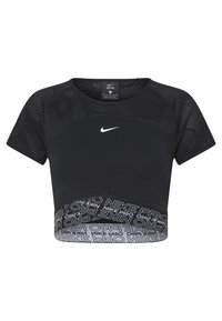 Svart kortärmad Nike Pro crop top med meshtåliga axlar och elastisk midja med varumärke som har upprepande texten "NIKE PRO".