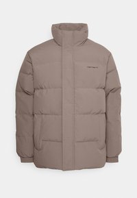 Puffer jacket, light brown color, made of smooth fabric, features a high collar, two side pockets, and subtle stitching details.