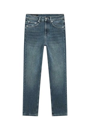 Blaue Jeans mit geradem Bein aus Denim, vorne mit Knopf- und Reißverschluss, fünf Taschen und silbernen Nieten an den Ecken der Taschen.