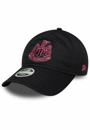 Schwarze Baseballkappe mit rotem Newcastle United Wappen-Stick und verstellbarem Riemen, Damenmodell, New Era 9TWENTY Stil.