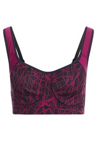 Soutien-gorge de sport en marine foncé avec un motif géométrique rose vif. Doté de bretelles larges et d'un design structuré pour le soutien et le confort.