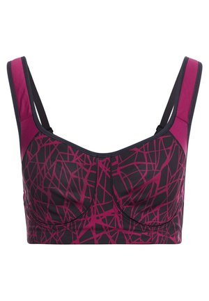 Sport BH i mørk marina med et livligt pink geometrisk mønster. Har brede stropper og et struktureret design for støtte og komfort.