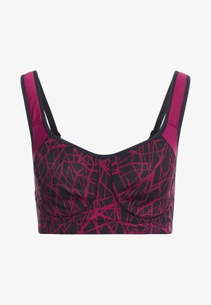 Sport BH i mørk marina med et livligt pink geometrisk mønster. Har brede stropper og et struktureret design for støtte og komfort.