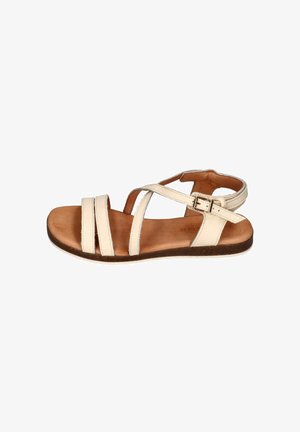 Beige leather flat sandal with three front straps, one ankle strap with buckle, and brown cushioned footbed.