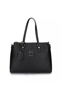 Borsa a tracolla in pelle nera con superficie testurizzata, doppi manici, una piccola tasca frontale e un'accensione in logo dorato sulla parte anteriore.