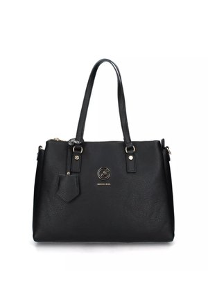 Borsa a tracolla in pelle nera con superficie testurizzata, doppi manici, una piccola tasca frontale e un'accensione in logo dorato sulla parte anteriore.