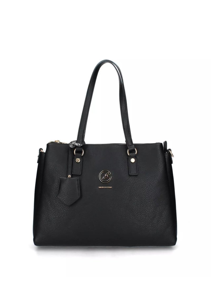 Borsa a tracolla in pelle nera con superficie testurizzata, doppi manici, una piccola tasca frontale e un'accensione in logo dorato sulla parte anteriore.