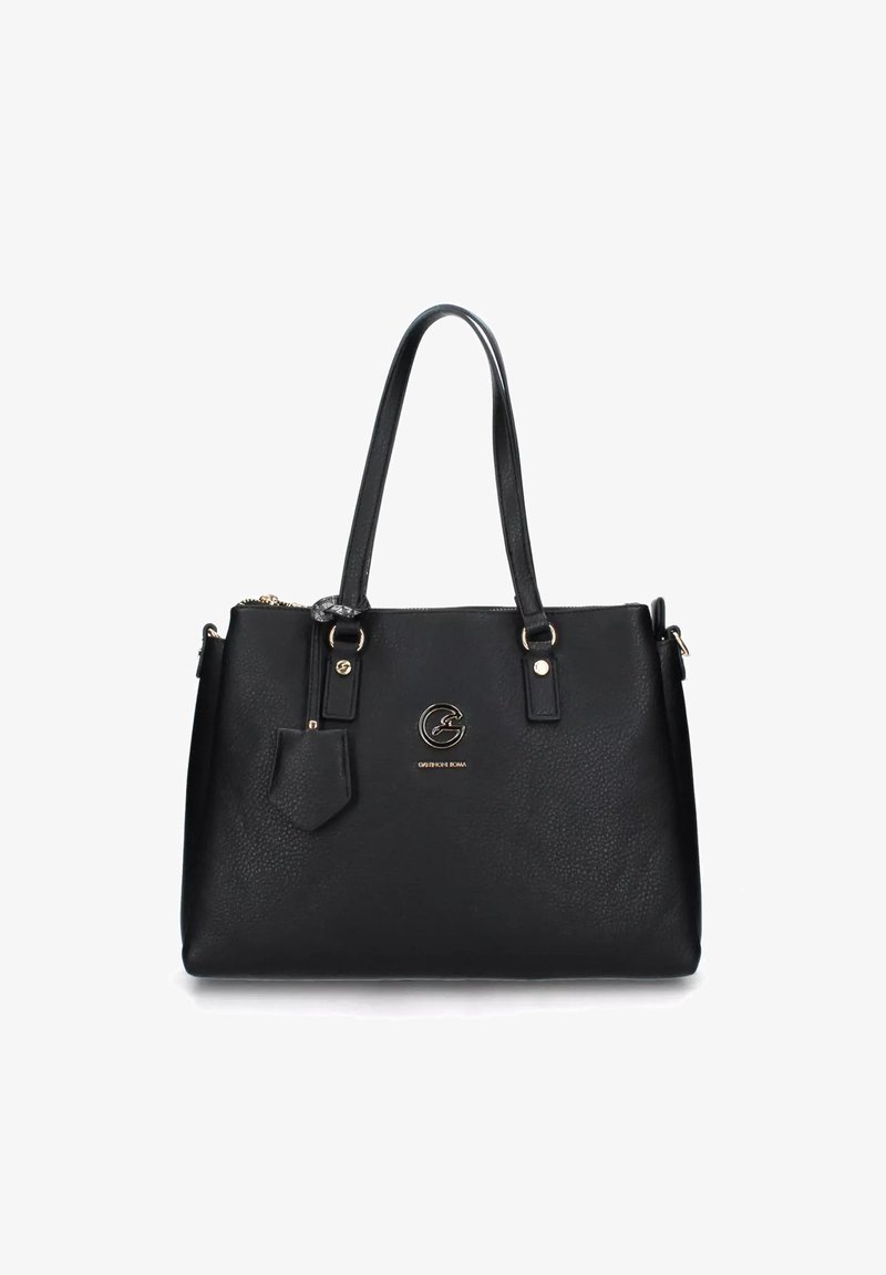 Sort læderhåndtaske med struktureret overflade, dobbelte håndtag, en lille frontlomme og en gulldækket logo-accents på fronten.
