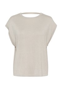 Haut gris clair à manches courtes avec une coupe ample, fabriqué dans un tissu lustré, avec un col large et un design minimaliste.