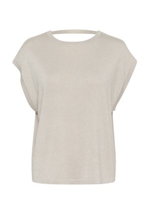 Haut gris clair à manches courtes avec une coupe ample, fabriqué dans un tissu lustré, avec un col large et un design minimaliste.