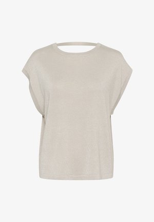 Heledest hallist lühikeste varrukatega topp, millel on lahtine lõige, valmistatud läikivast kangast, laia kaeluse ja minimalismi stiiliga.