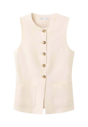 Gilet beige sans manches avec cinq boutons sur le devant et deux poches basses à l'avant, doté d'un col rond et d'un ourlet droit.