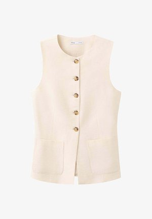 Gilet beige sans manches avec cinq boutons sur le devant et deux poches basses à l'avant, doté d'un col rond et d'un ourlet droit.