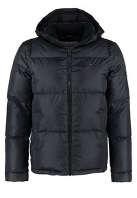 Zwarte donzen jas met capuchon, ritssluiting en gewatteerd ontwerp. Voorzien van een klein logo op de borst en elastische manchetten.