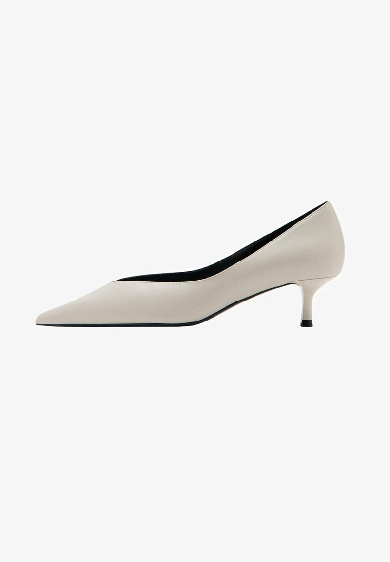 Chaussure beige à bout pointu avec un petit talon fin et bas, doublure intérieure noire, vue de côté sur fond blanc.