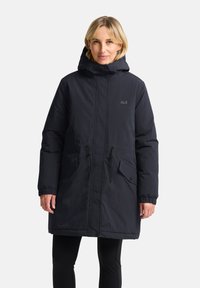 Zwarte waterdichte parka met capuchon, verstelbare trekkoorden, ritsluiting aan de voorkant, zijzakken en elastische manchetten. Glad, duurzaam materiaal.