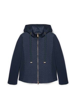 Dunkelblaues Zip-Hoodie mit strukturiertem Vorderteil, Kordelzugkapuze und langen Ärmeln, flach auf einem weißen Hintergrund ausgelegt.
