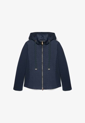 Dunkelblaues Zip-Hoodie mit strukturiertem Vorderteil, Kordelzugkapuze und langen Ärmeln, flach auf einem weißen Hintergrund ausgelegt.