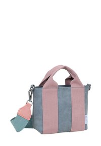 Piccola borsa a tracolla realizzata in tessuto grigio con rifiniture rosa e turchese. Caratterizzata da manici robusti e una tracolla removibile. Design rettangolare semplice.