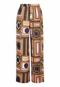 Wijdere beenbroek in een kleurrijke, gemusterde stof met gouden, roze en zwarte accenten. Elastische tailleband en ingewikkelde geometrische ontwerpen.