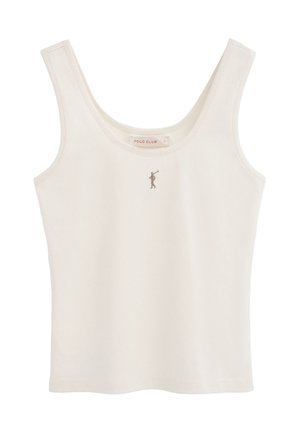 Canotta bianca senza maniche con scollo a U, piccolo logo ricamato di un giocatore di polo sotto il colletto e etichetta "Polo Club" all'interno del collo.