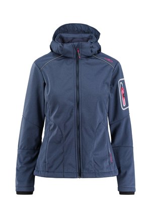 Mørkeblå softshell-jakke med høj krave, frontlynlås, lynlåslomme på venstre ærme og pink detaljer designet til koldt vejr.