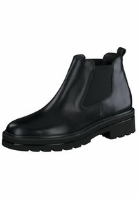 Botín de cuero negro hasta el tobillo con un acabado suave, paneles laterales elásticos y una suela de goma gruesa para tracción. Con lengüeta en la parte posterior para facilitar su uso.