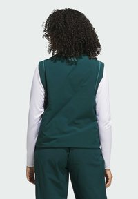 Vihreä liivi, joka on valmistettu sileästä, joustavasta materiaalista. Siinä on korkea kaulus ja muotoiltu takakappale, jossa on kerrokselliset valkoiset pitkät hihat.