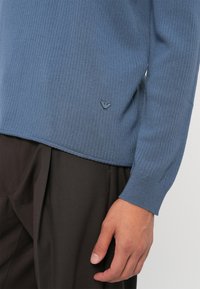 Pulover cu unisex, de culoare albastru deschis, cu mâneci lungi, având un mic logo la tiv. Purtați-l cu pantaloni negri din stofă, bine croiți.