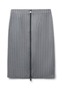 Gonna grigia a matita con righe verticali, dotata di una zip centrale nera. Realizzata in tessuto testurizzato con una silhouette aderente.