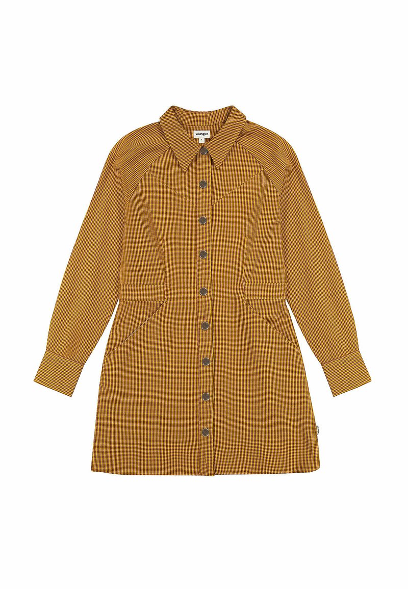 Vestito camicia a maniche lunghe in tartan giallo e nero, con colletto, bottoni frontali, tasche laterali e una vestibilità snella con orlo leggermente svasato.