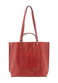Borsa a tracolla rossa in pelle con manici doppi, forma strutturata, tasca frontale e dettagli di cucitura visibili. Texture liscia, design minimalista.