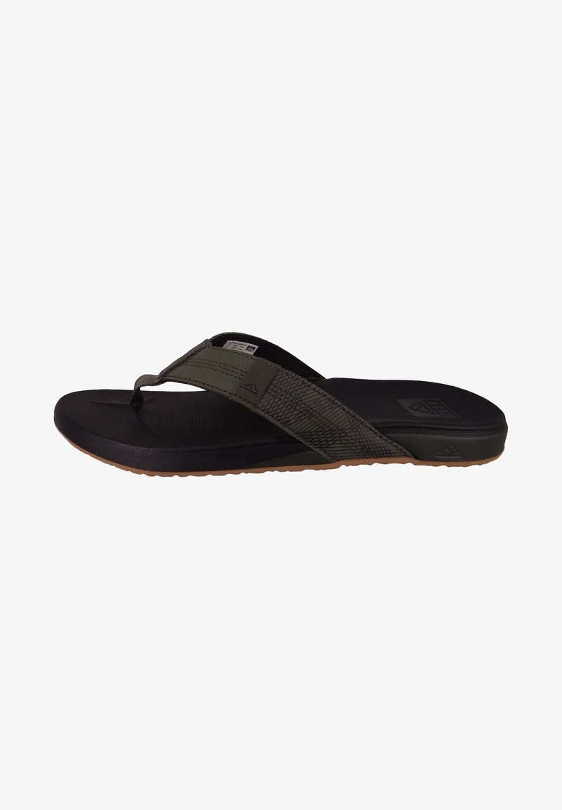 Black flip-flop with a dark green fabric strap, textured design, and a rubber sole with a brown accent. Lightweight and minimalistic style.